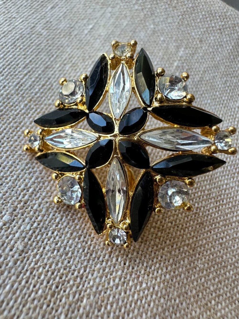 Monet Black Clear Rhinestone Gold Tone Statement Clip On Earrings